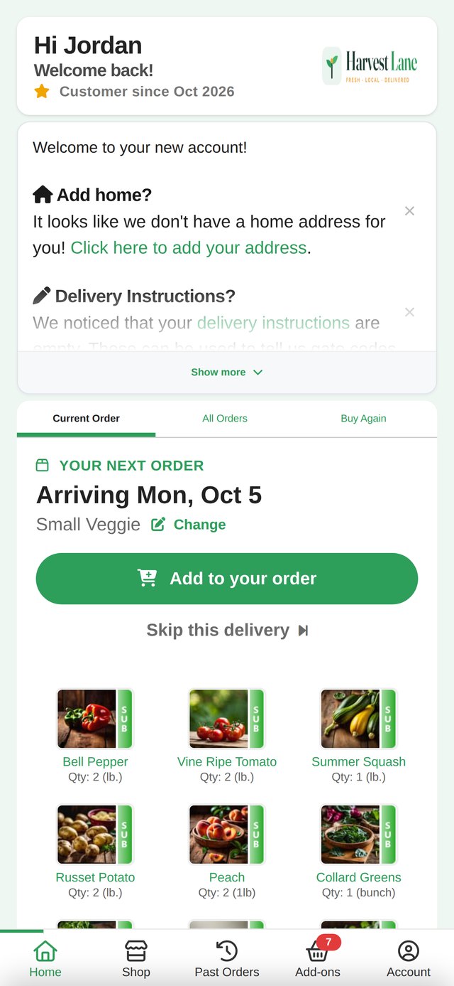 The customer account home in the app