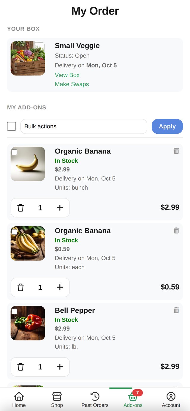 Managing the order and add-ons in the app
