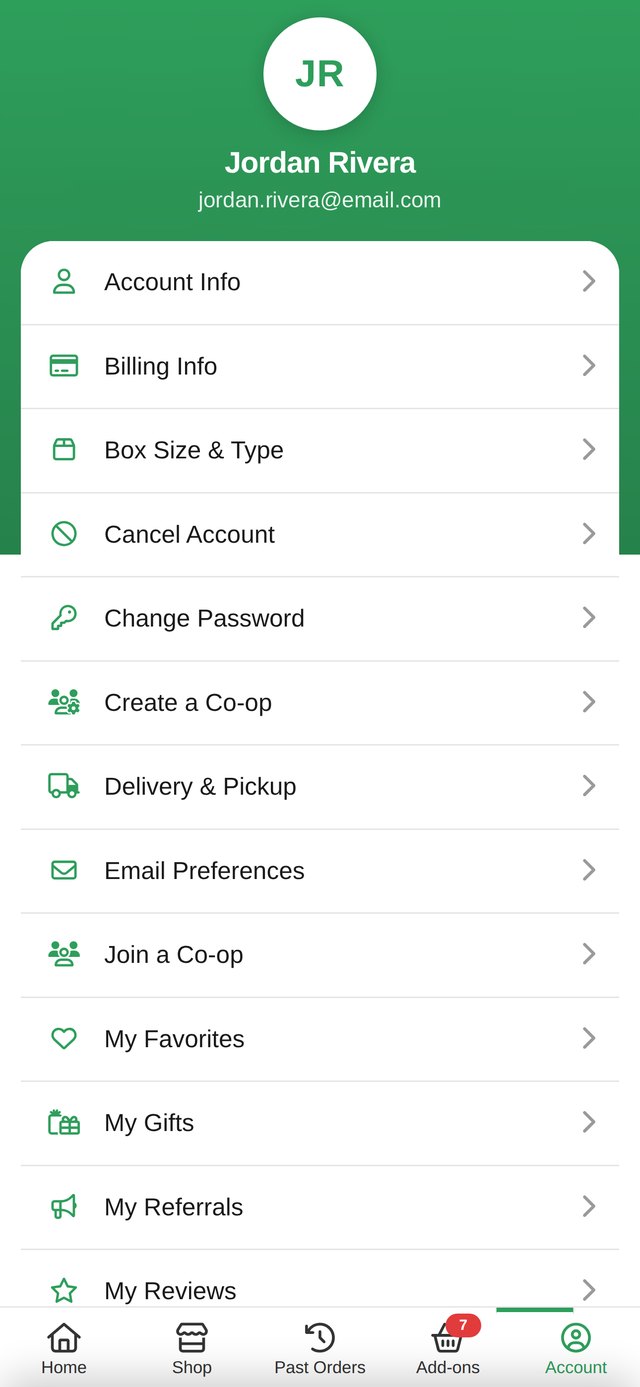 Account settings in the app
